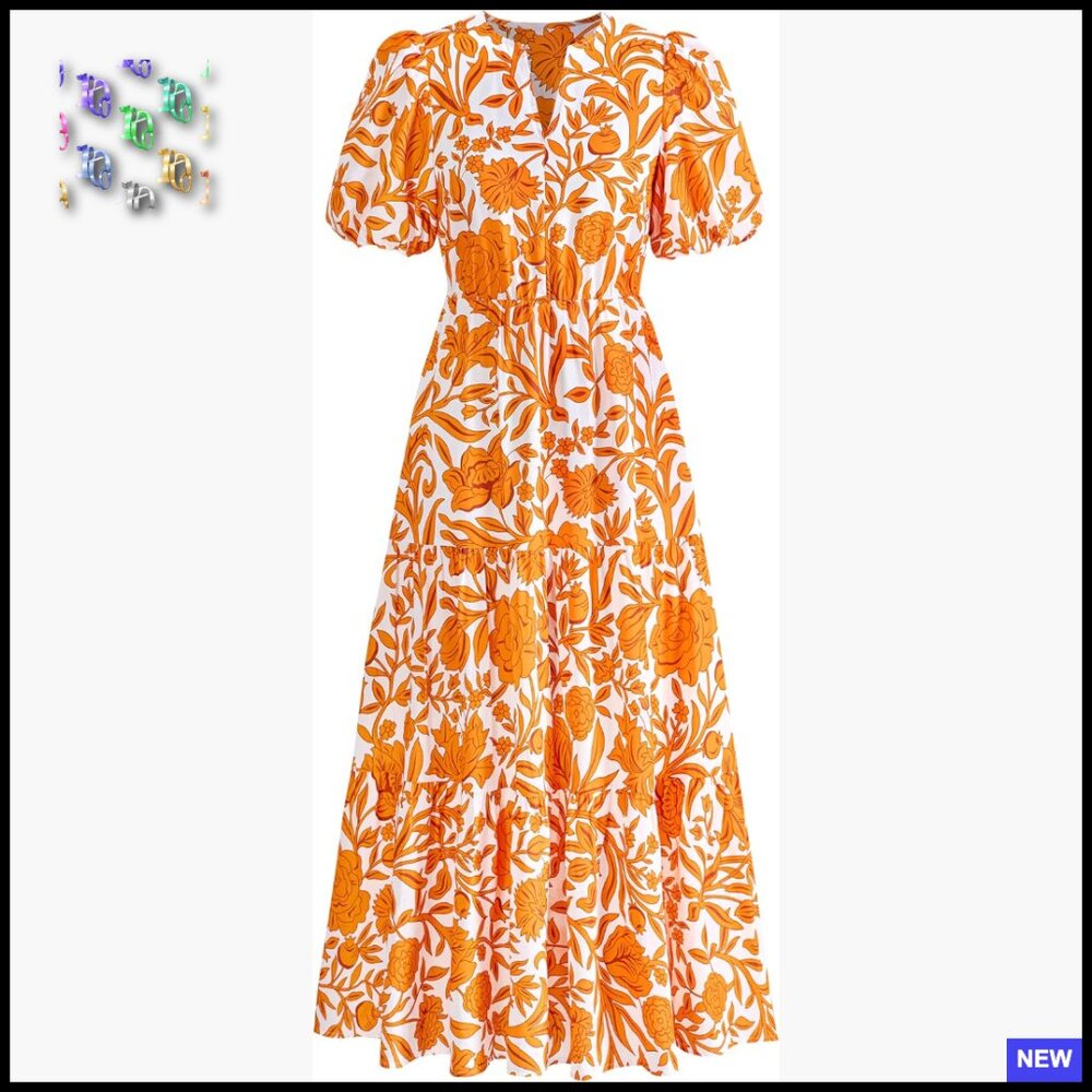 Boho Floral Maxi Dress With Puff Sleeves V Neck Tiered Ruffle Summer Casual